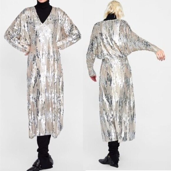 Zara Silver Sequin Maxi Dress Dolman Long Sleeve Metallic Blogger Fave Small - Picture 12 of 16
